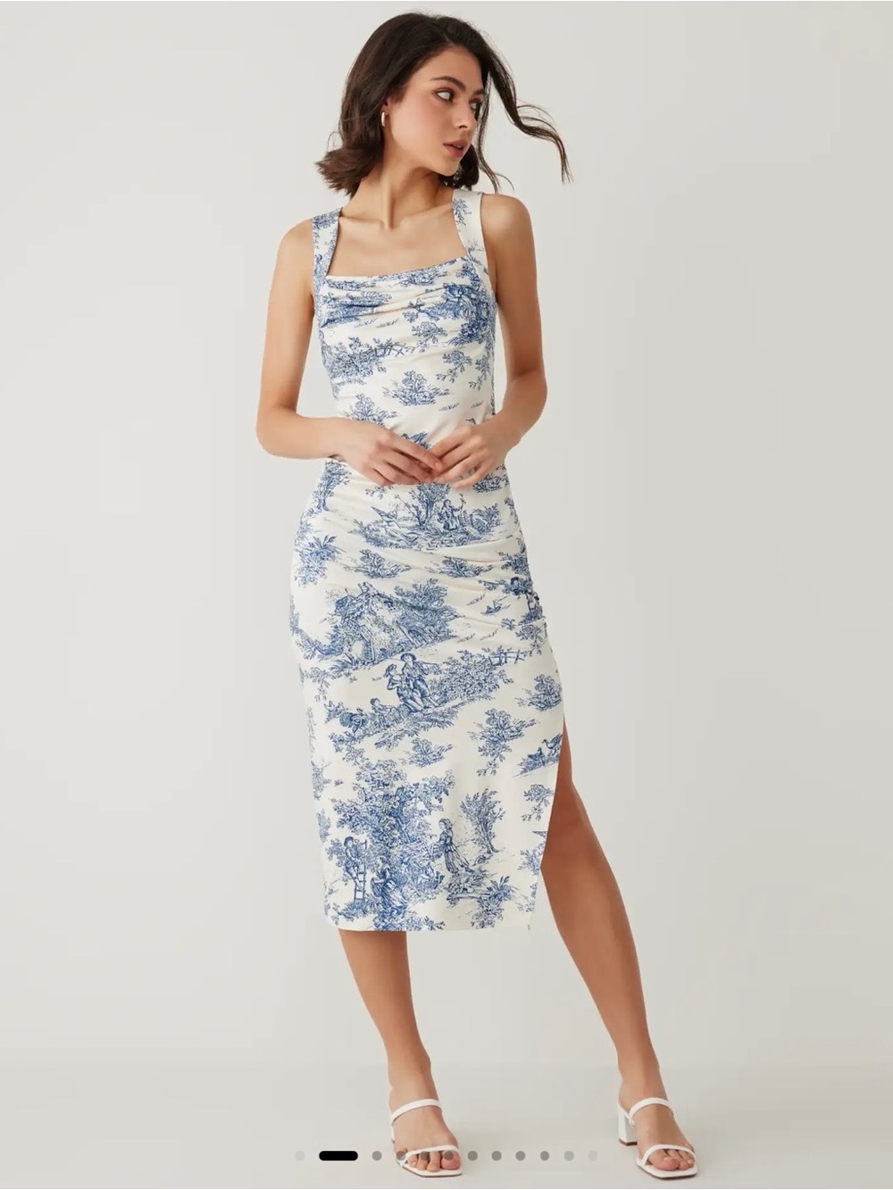 Cider Blue Toile Print Square Neck Midi Dress